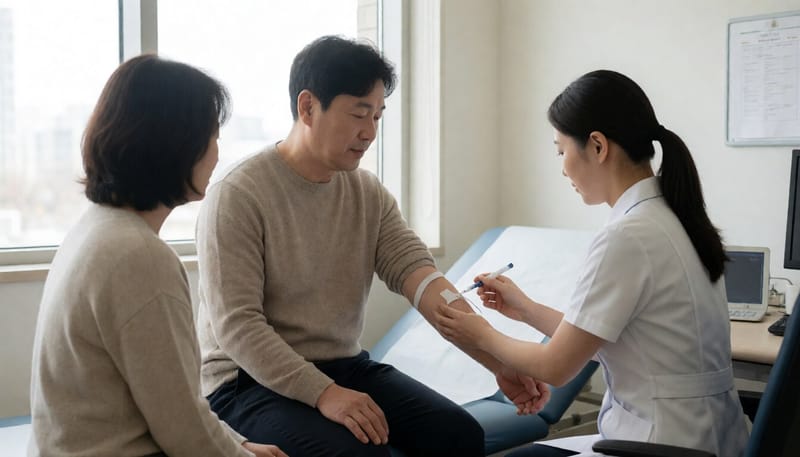 병원에서 간 기능 검사를 위해 채혈하는 모습