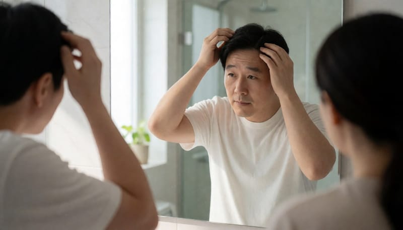 거울 앞에서 두피 상태를 살피는 남성의 모습