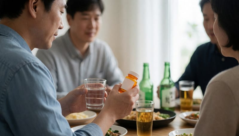 탈모약 통과 물잔을 든 남성이 술자리 식탁에 앉아 있는 모습