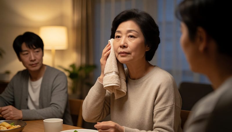 갱년기로 밤에 식은땀을 닦아내는 중년 여성의 모습