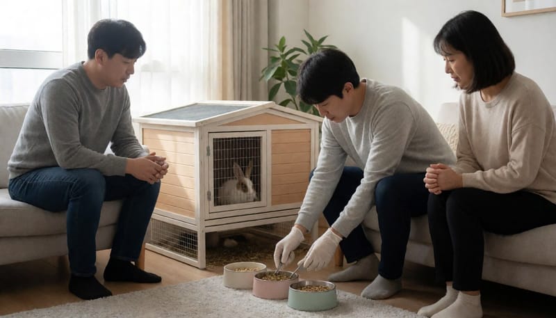 반려인이 토끼장과 식기를 소독하는 모습