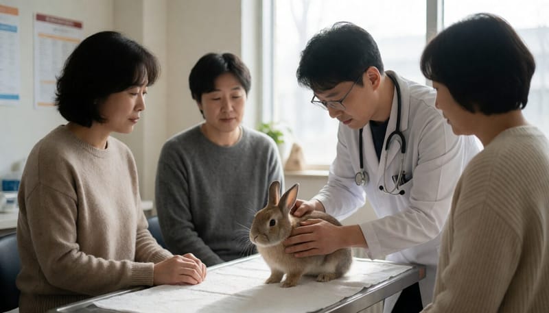 동물병원에서 수의사가 반려토끼를 진찰하는 모습