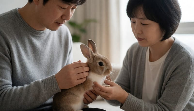 반려인이 집에서 반려토끼의 건강 상태를 살펴보는 모습
