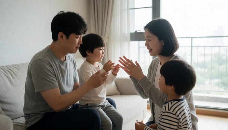 두 자녀와 함께 놀고 있는 가정의 모습
