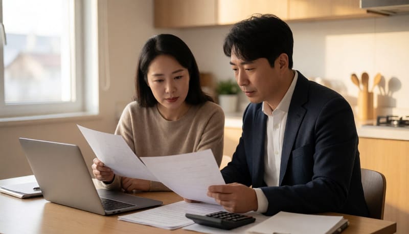 가구 소득 서류를 함께 검토하는 부부의 모습