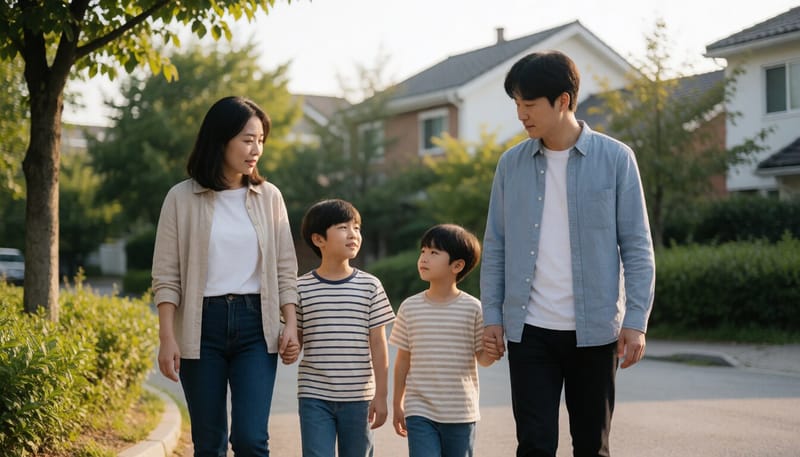 공원을 함께 걷는 다자녀 가정의 모습