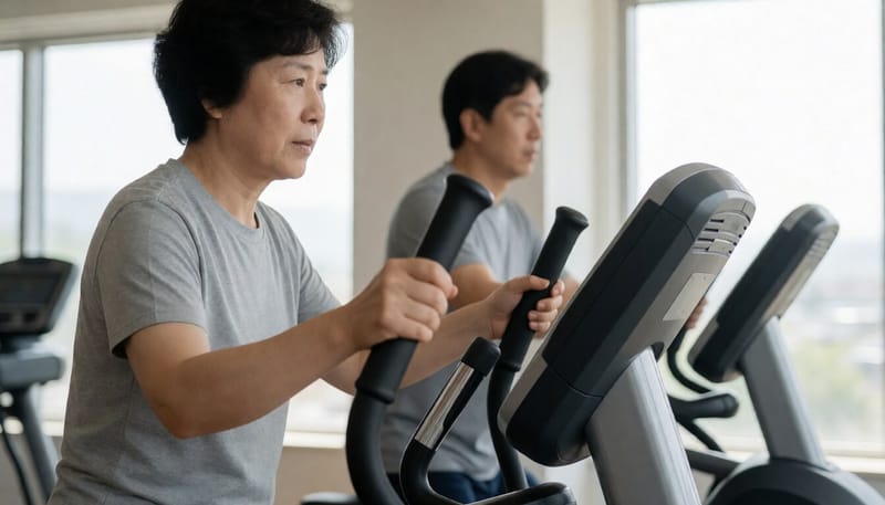 실내 체육관에서 일립티컬 머신을 이용해 운동하는 모습