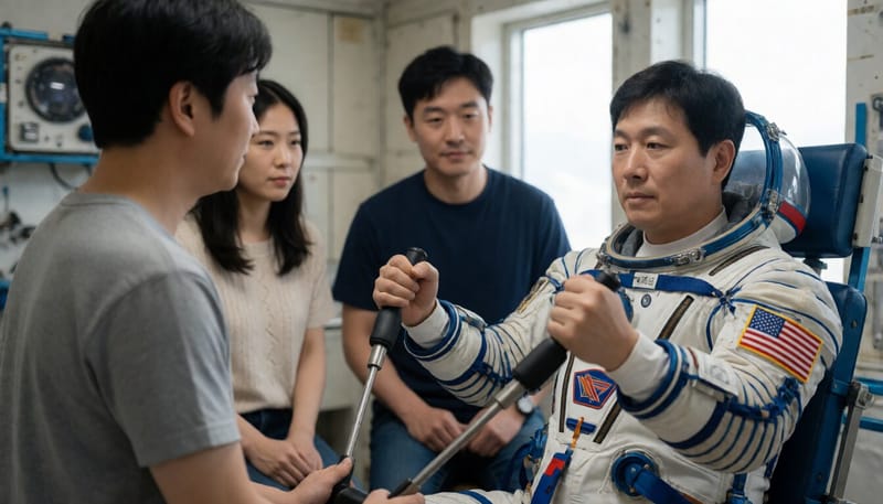 우주정거장에서 저항성 운동기구로 훈련하는 우주비행사