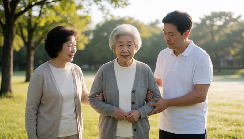물리치료사와 함께 걷기 운동을 하는 고령 여성