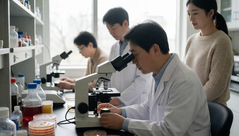 실험실에서 세균 배양 결과를 살펴보는 연구자