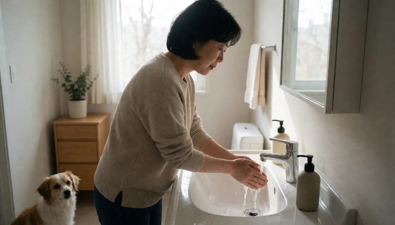 반려견을 만진 뒤 손을 씻는 여성