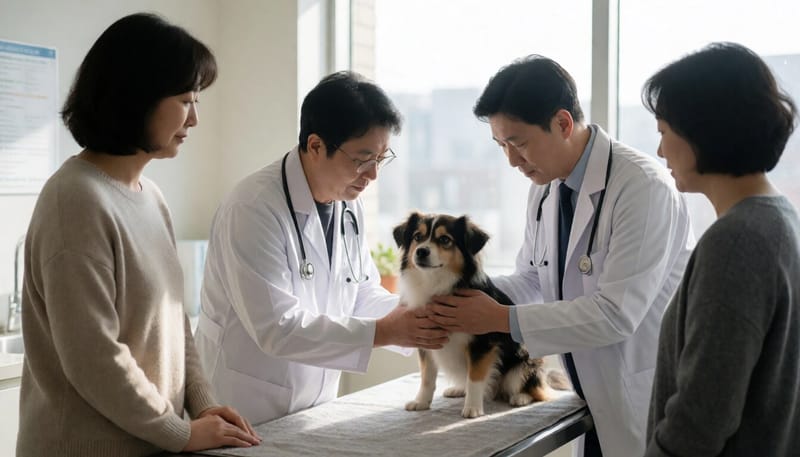동물병원에서 반려견을 진료하는 수의사