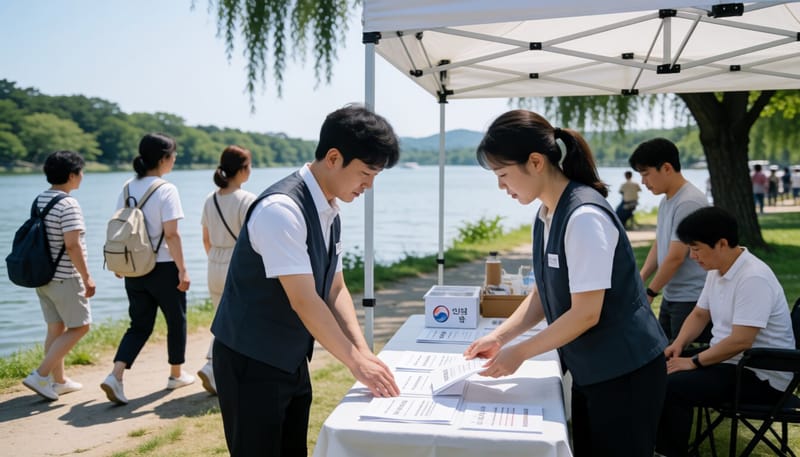호숫가에 설치된 야외 안내 부스 앞을 지나는 관광객들