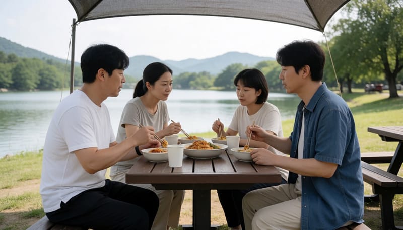 경포호 인근 야외 쉼터에서 식사하는 가족의 모습