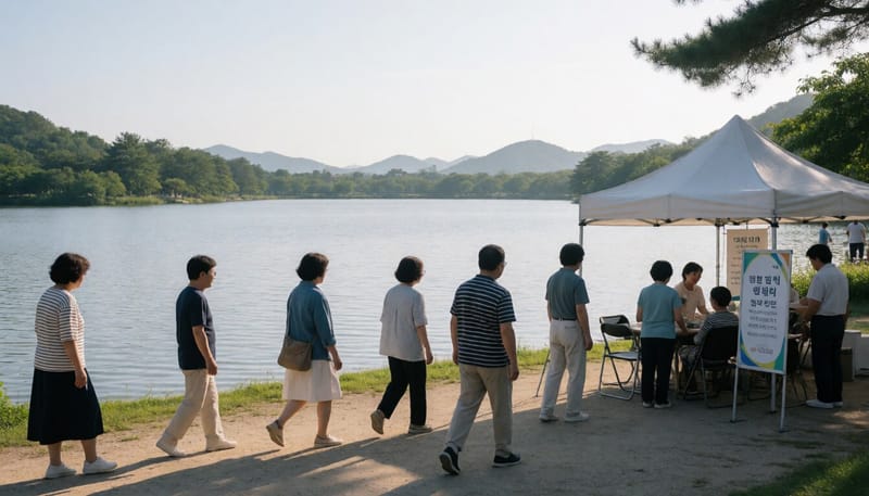 여름철 강릉 경포호를 찾은 피서객들이 호수 주변을 거니는 모습