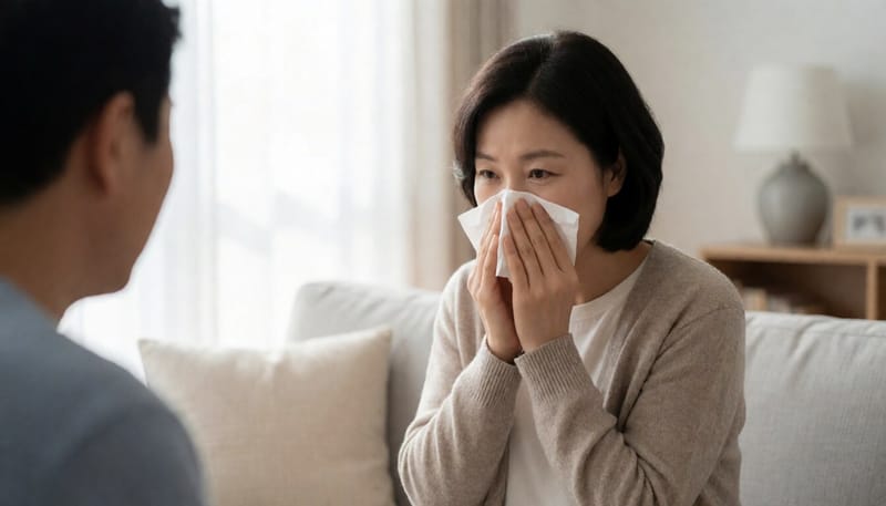 코를 풀며 불편해하는 여성
