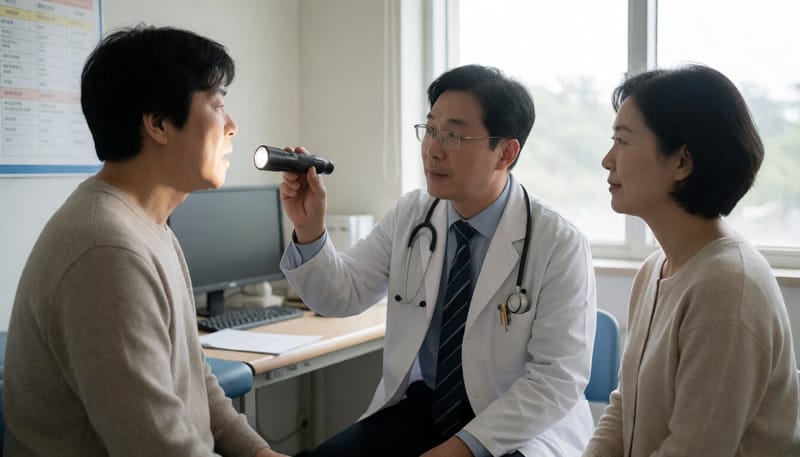 의료진이 환자의 목 상태를 살펴보는 모습