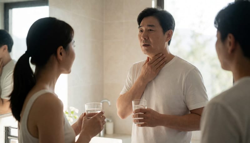 아침에 목을 만지며 불편해하는 남성