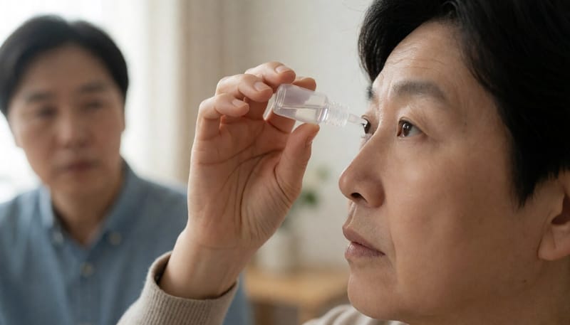 안약을 점안하는 모습을 가까이서 찍은 사진