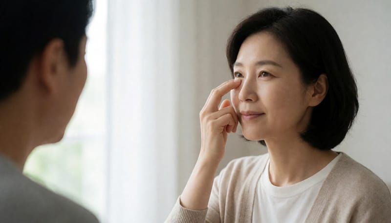 눈 안쪽을 손가락으로 눌러주는 여성의 모습
