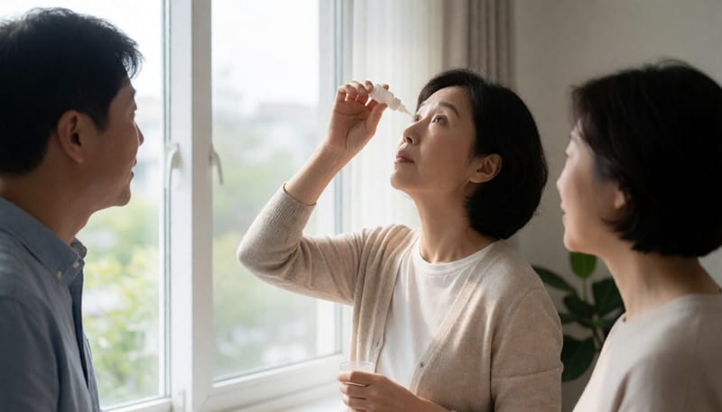 안약을 눈에 넣고 있는 여성의 모습