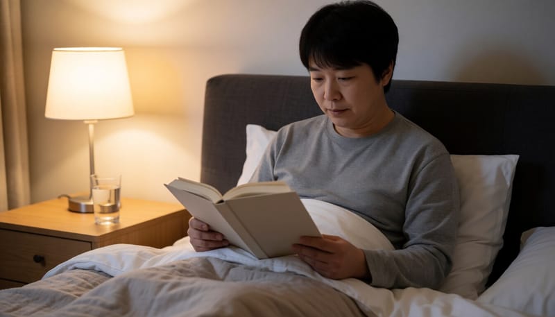 베개를 높이고 상체를 세운 채 누워 있는 모습