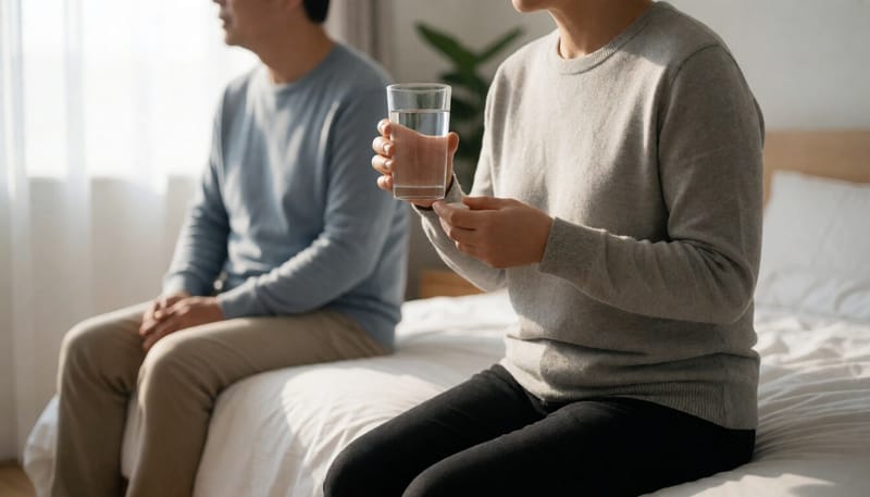 침대에 걸터앉아 물과 함께 알약을 먹으려는 모습