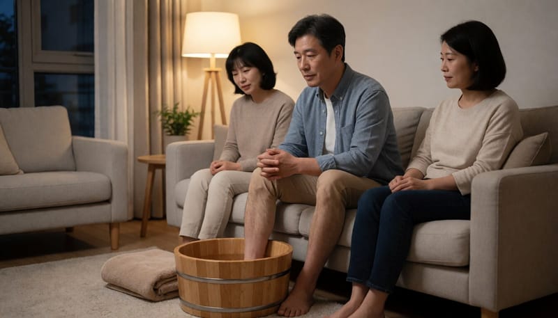 저녁 시간 소파에 앉아 대야에 발을 담그고 족욕하는 남성