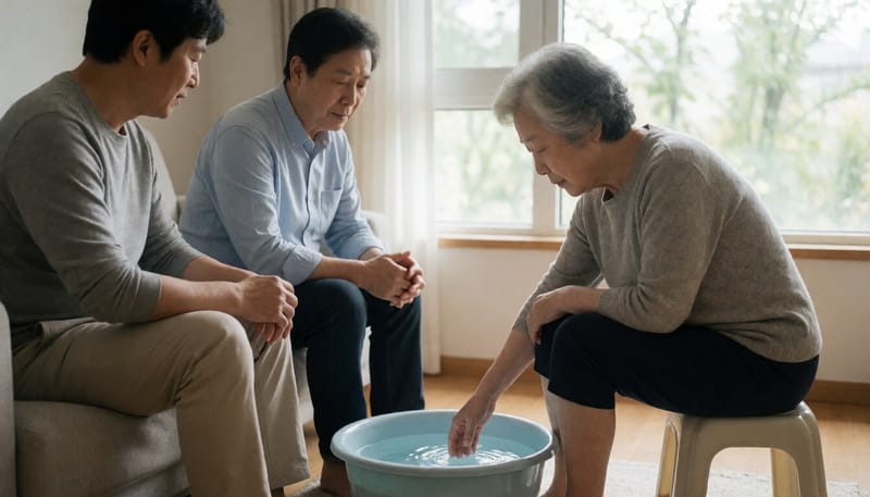 족욕 전 대야에 담긴 물 온도를 손으로 확인하는 노년 여성
