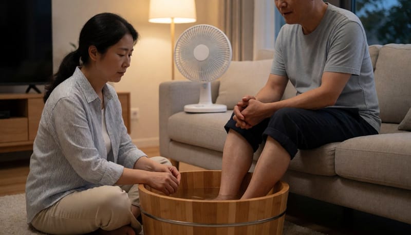 여름 저녁 실내에서 대야에 발을 담그고 족욕하는 여성의 모습