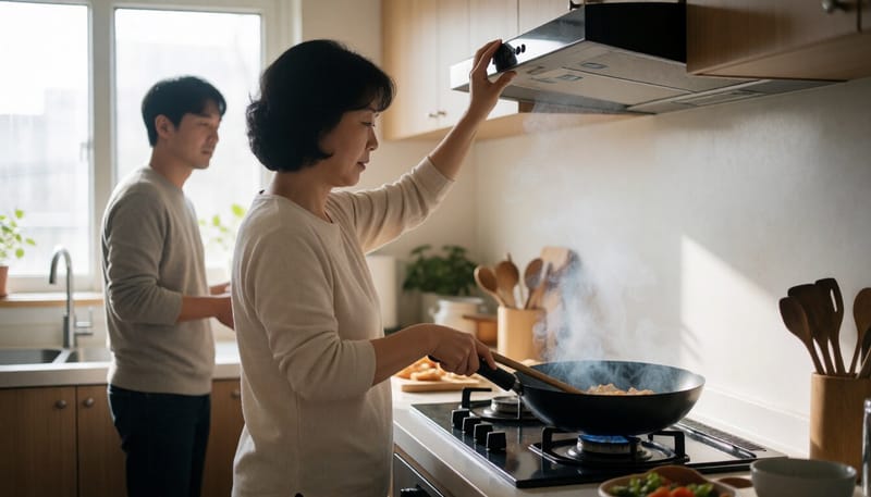 주방에서 후드를 켜고 조리하는 모습
