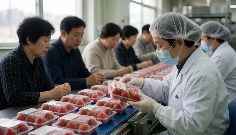 냉동 과일 가공 공장에서 품질을 검사하는 모습