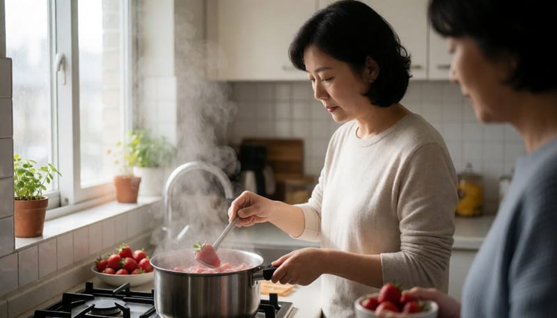 냉동 딸기를 가열 조리하는 모습
