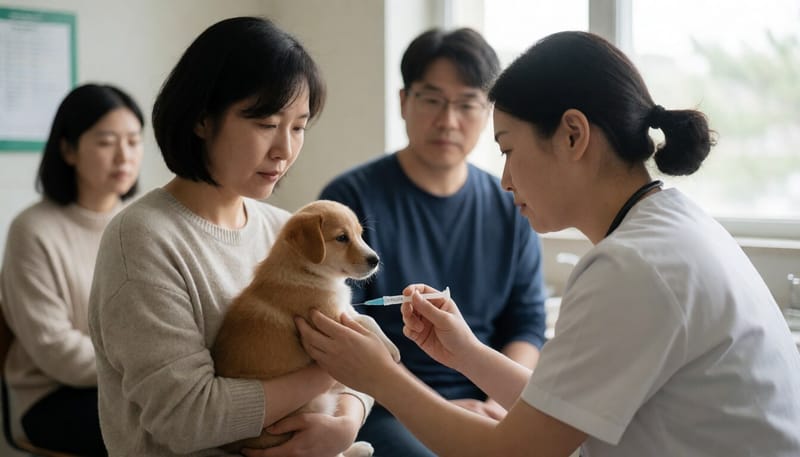 동물병원에서 예방접종 받는 강아지