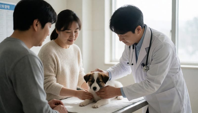 동물병원에서 진료받는 어린 강아지