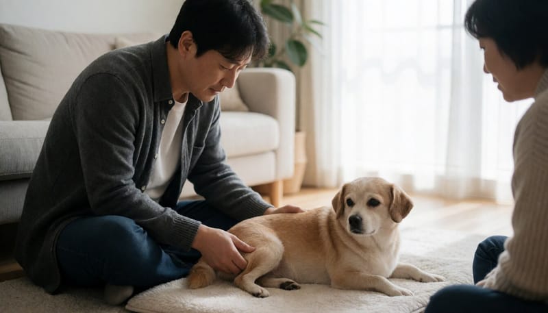 노령견의 다리를 살펴보는 남성의 모습