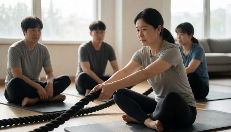 운동 전 손목과 어깨를 스트레칭하는 모습