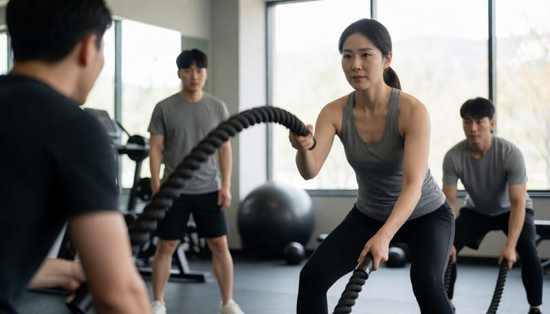 헬스장에서 배틀로프를 흔들며 운동하는 모습