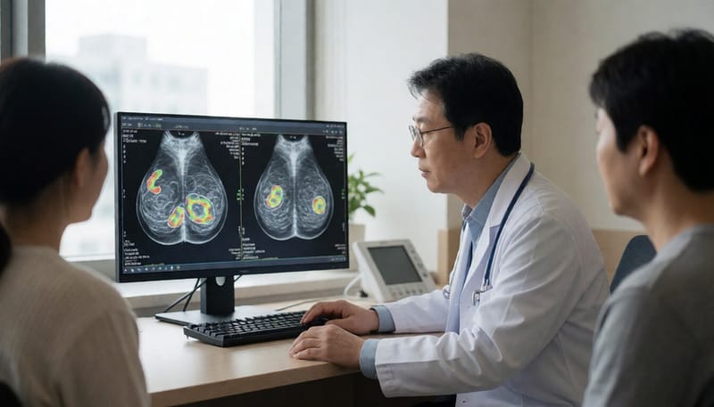 영상의학과 의사가 유방촬영 사진을 인공지능 프로그램과 함께 판독하는 모습