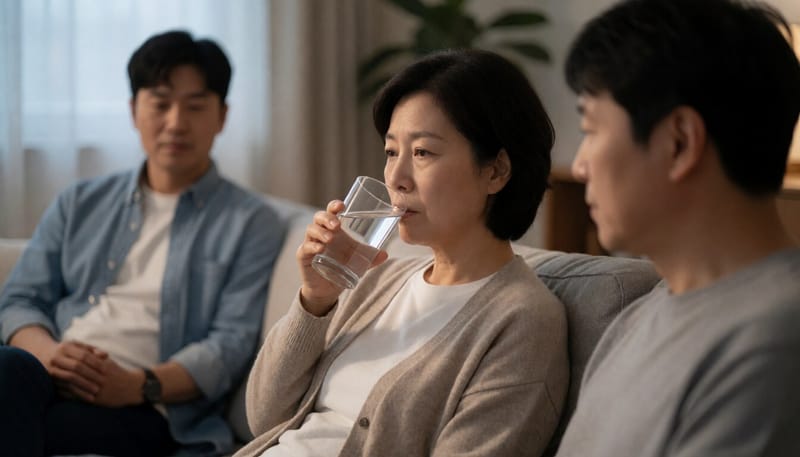 물을 마시며 휴식을 취하는 여성의 모습