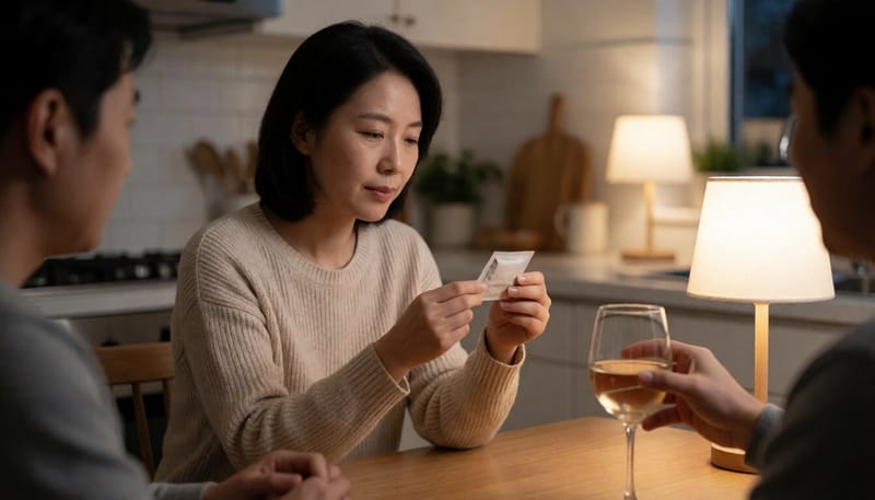 약봉지를 들고 와인잔을 밀어내는 여성의 모습