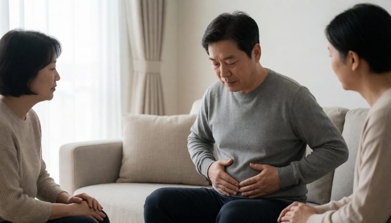 오른쪽 윗배를 손으로 짚고 불편해하는 남성