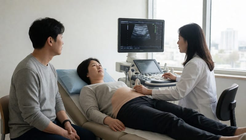 병원에서 복부 초음파 검사를 받는 환자의 모습