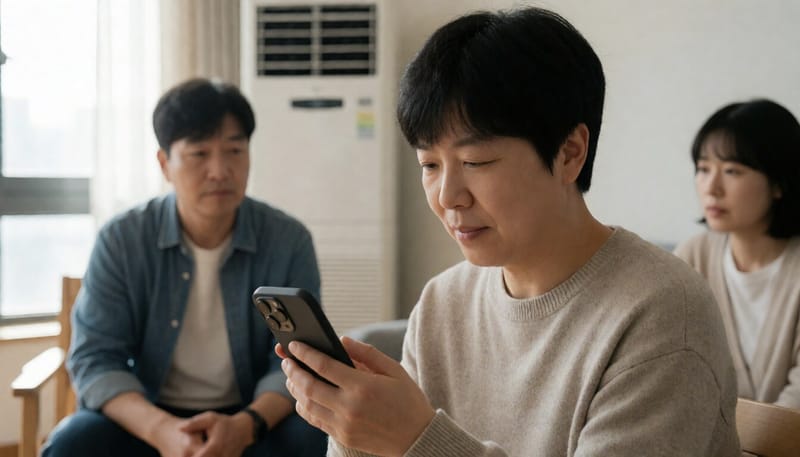 실내에서 스마트폰을 오래 들여다보는 사람의 모습