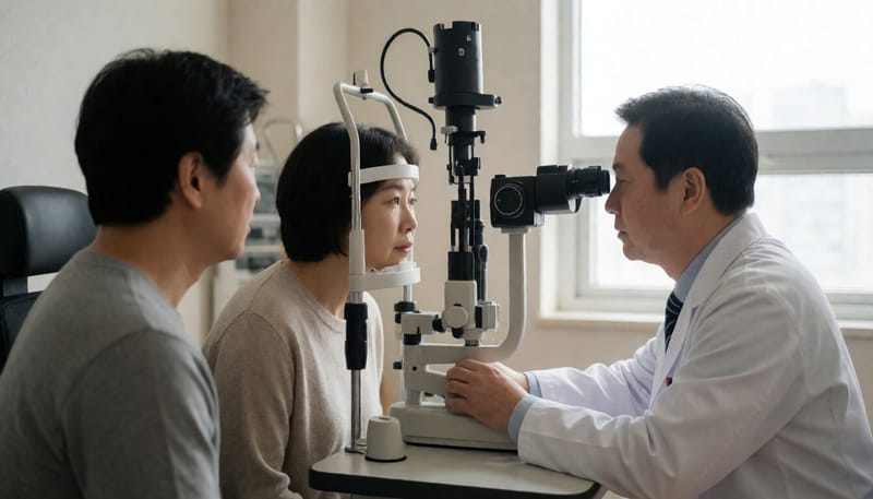 안과에서 세극등으로 눈을 검사받는 환자의 모습