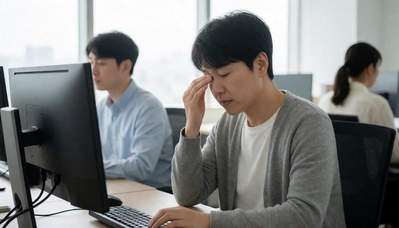 사무실에서 컴퓨터 앞에 앉아 눈을 비비는 직장인의 모습