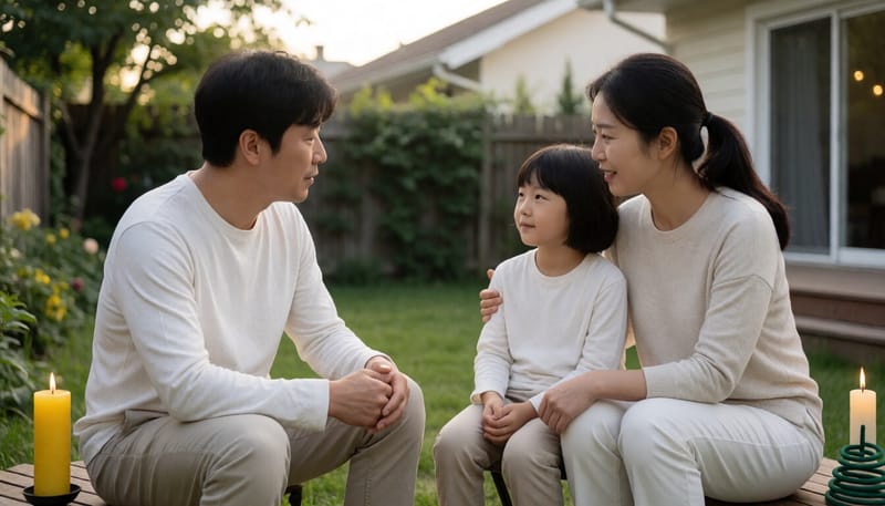 저녁에 마당에서 모기 예방용품을 두고 앉아있는 가족