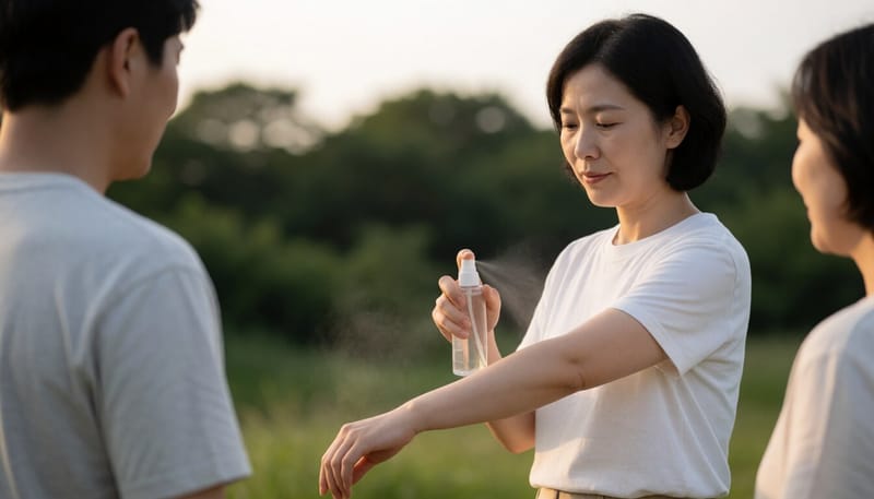여름 저녁 야외에서 모기 기피제를 바르는 여성의 모습