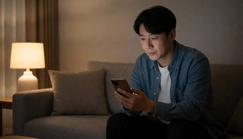 밤늦게 거실 소파에서 스마트폰을 보는 남성의 모습