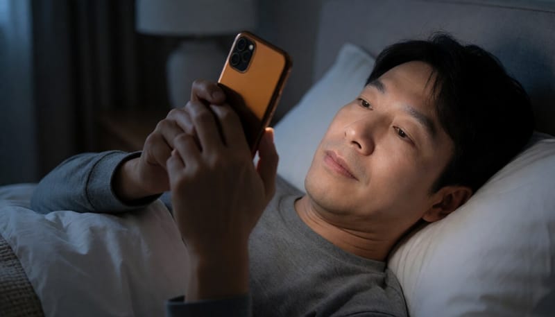 어두운 침실에서 따뜻한 색감의 스마트폰 화면을 보는 남성의 모습